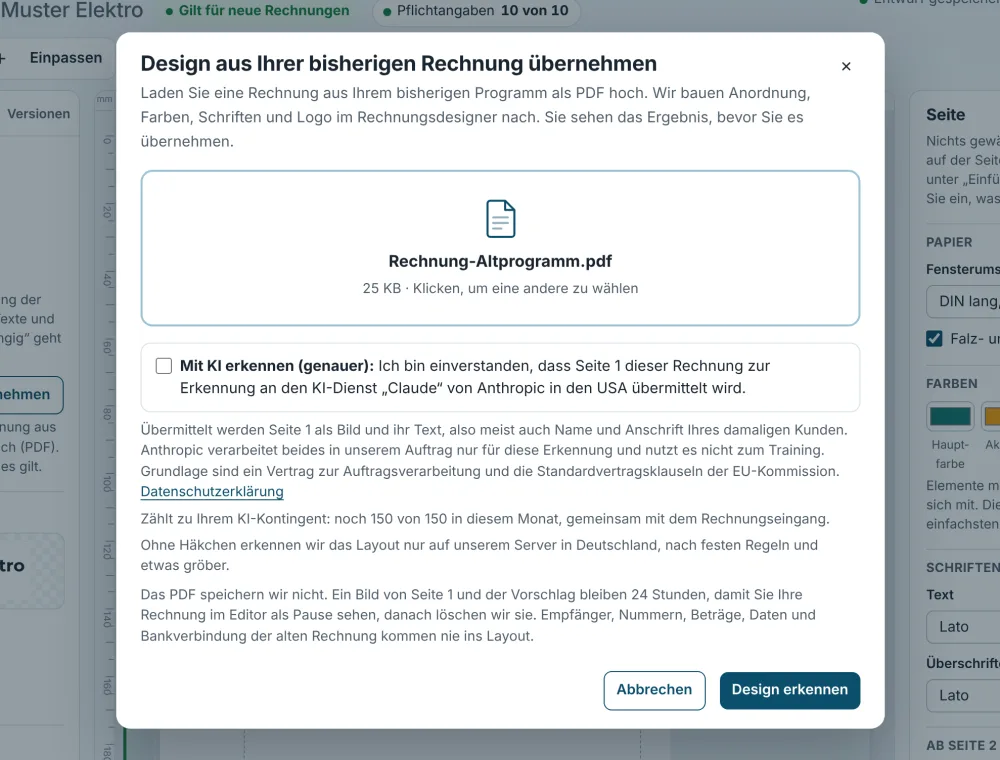 Dialog „Design aus Ihrer bisherigen Rechnung übernehmen“ mit Auswahl der PDF-Datei und der Einwilligung für die Erkennung mit KI
