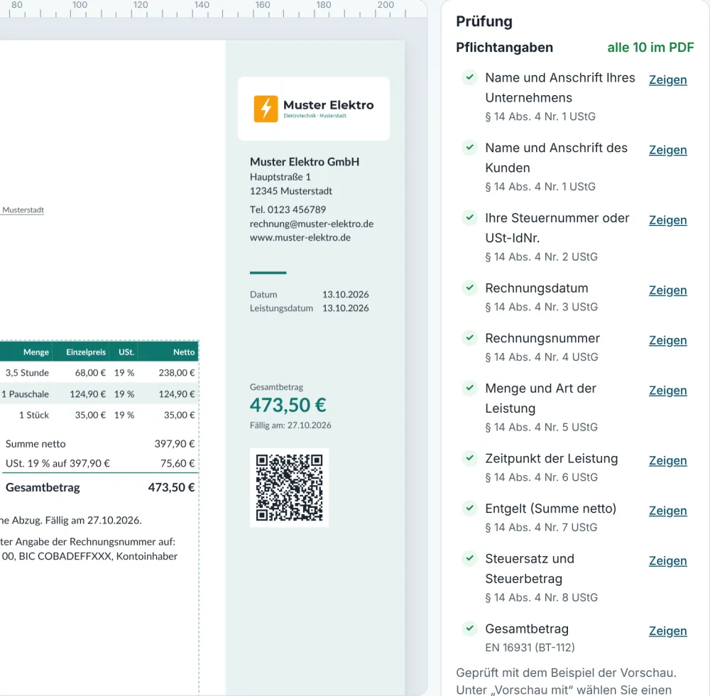 Checkliste im Rechnungsdesigner: Name und Anschrift, Steuernummer, Rechnungsnummer, Datum, Leistung, Entgelt und Steuer sind im PDF gefunden