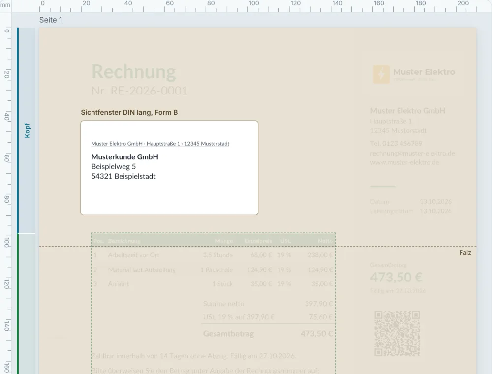 Ansicht „Umschlag“ im Rechnungsdesigner: Nur die Anschrift im Sichtfenster DIN lang, Form B, bleibt hell, darunter die Falzlinie
